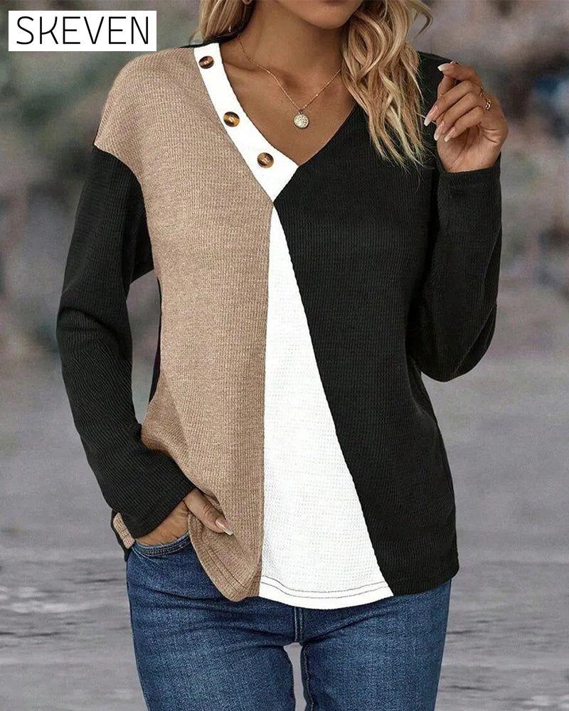 V-Neck Contrast Button Top