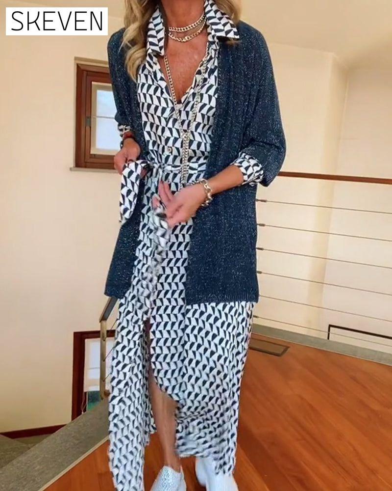 Geometric print lapel slit dress