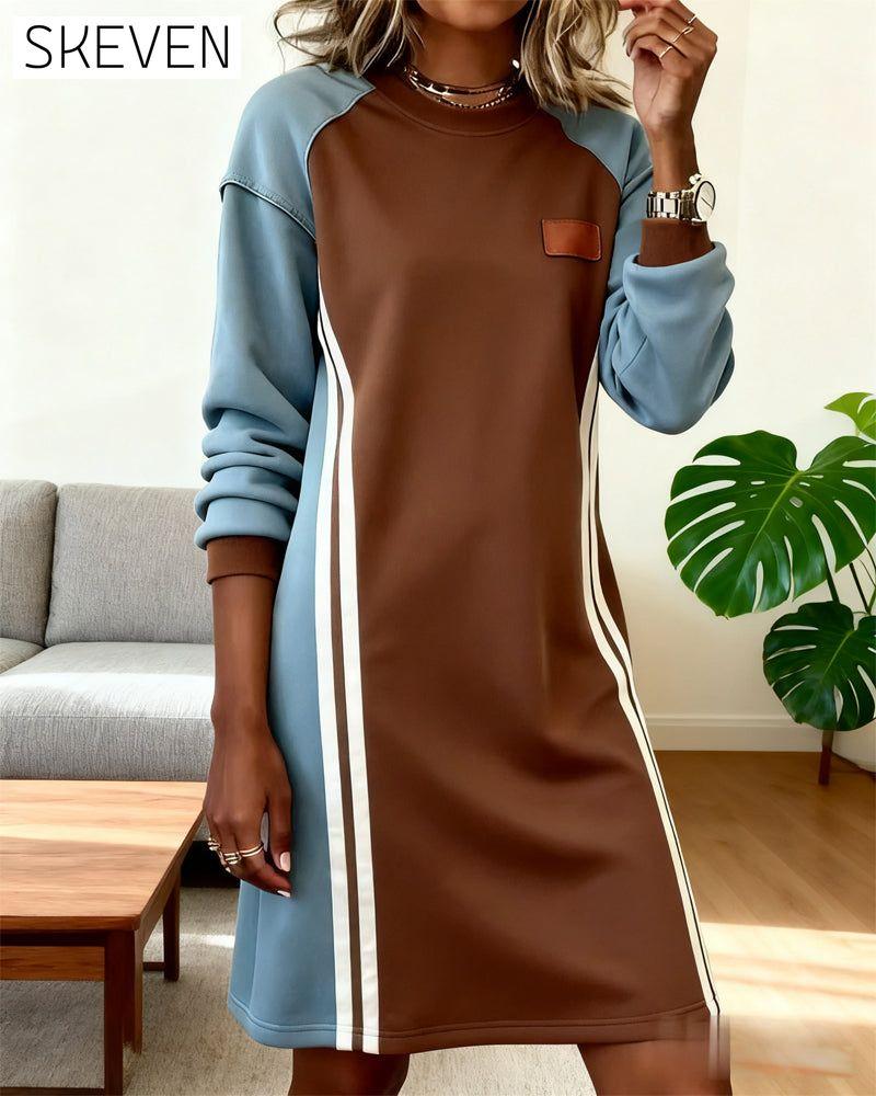 Long-Sleeved Color Block Round Neck Straight Dress
