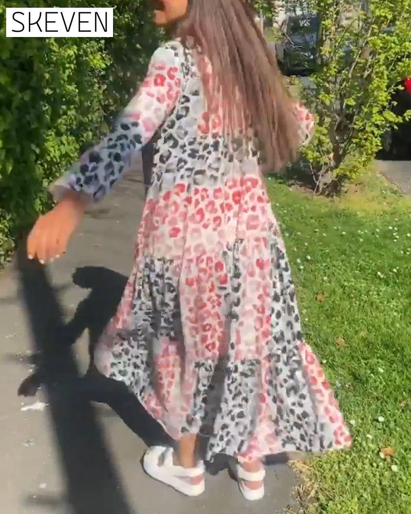 V-neck printed ruffle casual dress