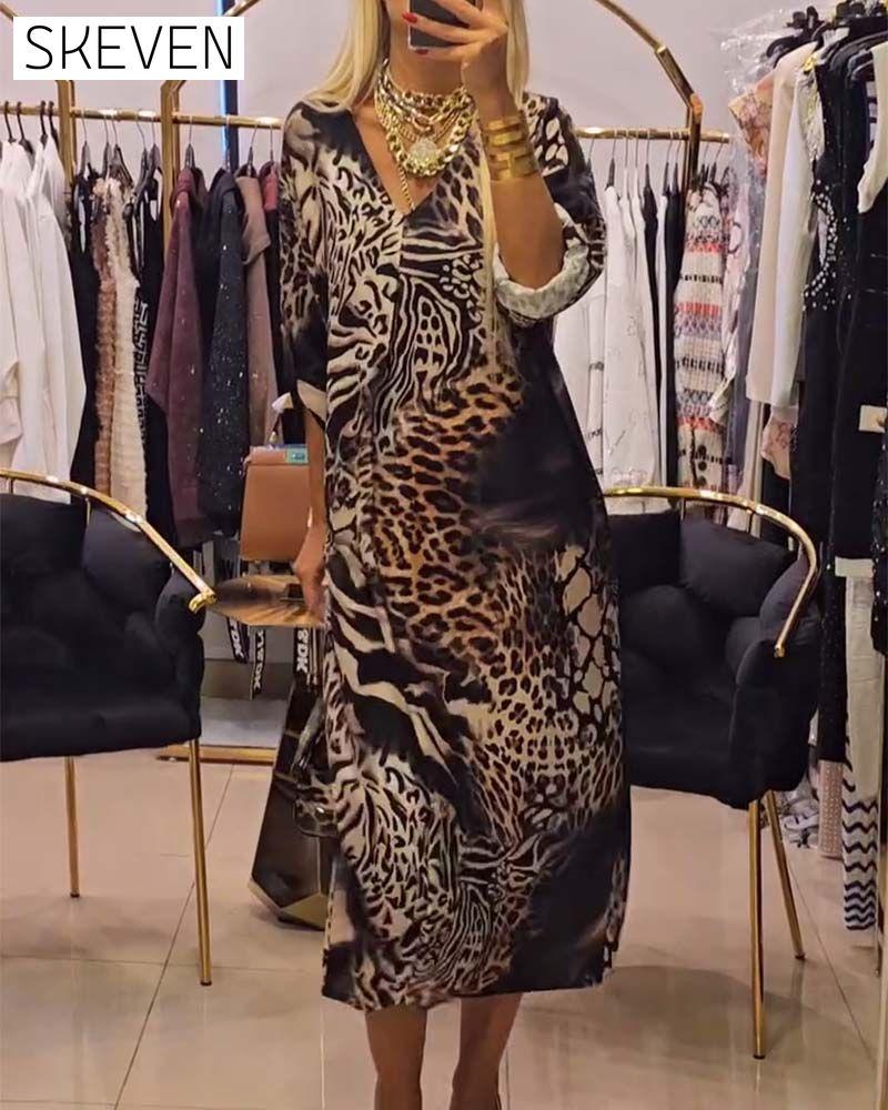 robe ample à imprimé léopard et col en V