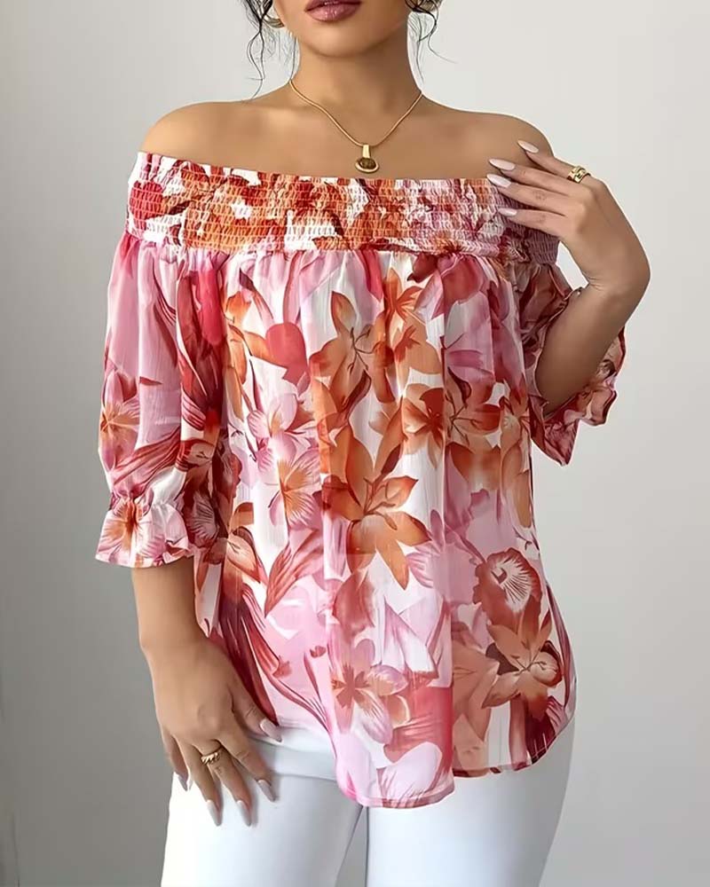 Off-Shoulder Print Bubble Sleeve Blouse