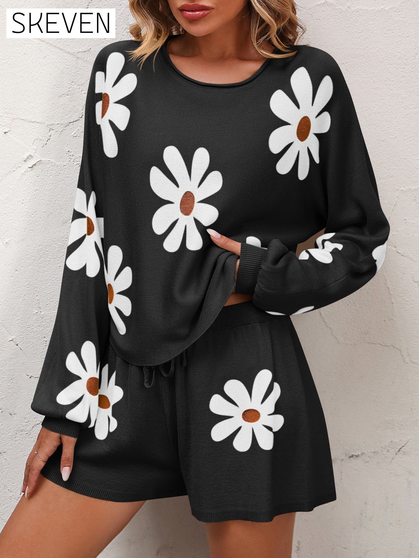 Floral Print Raglan Sleeve Knit Top and Tie Front Sweater Shorts Set clothes lounge lounge wear loungewear Mandy sets Ship From Overseas trend