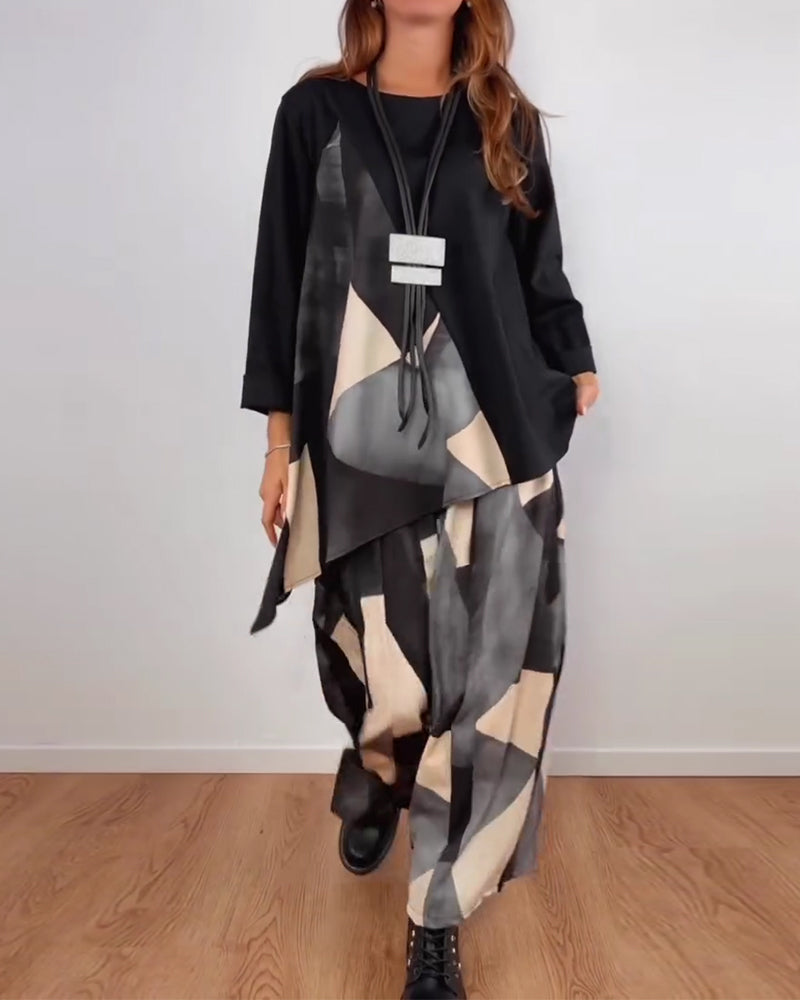 Casual Geometric Print Wide-Leg Pants Two-Piece Set
