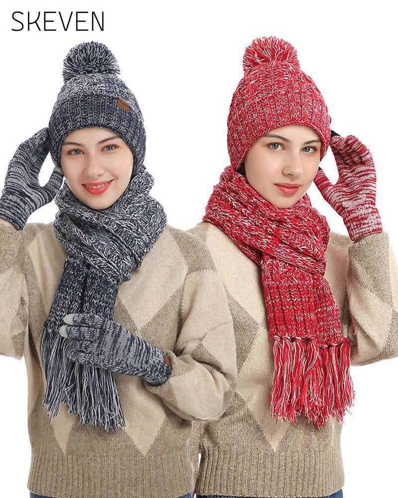 Hat Knitted Wool Three-Piece Set