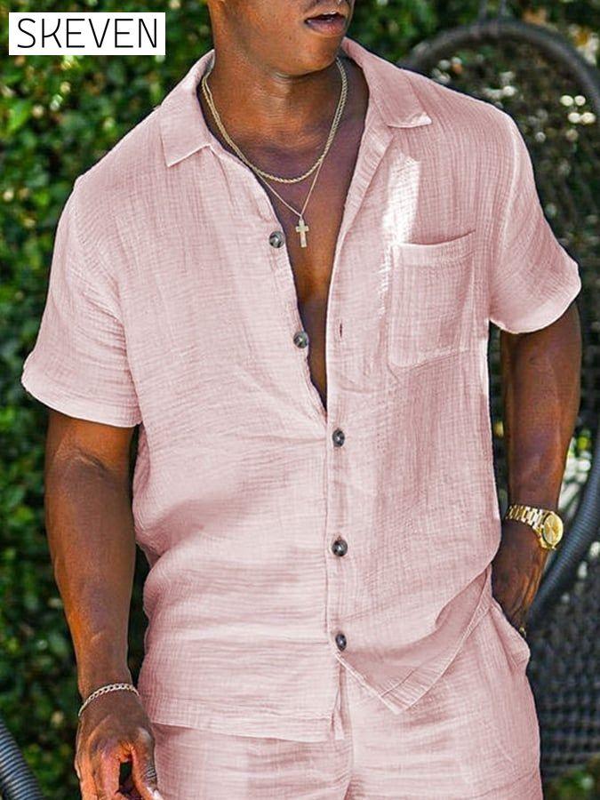 Men's Casual Solid Color Short Sleeve Cotton Shirt men s linens