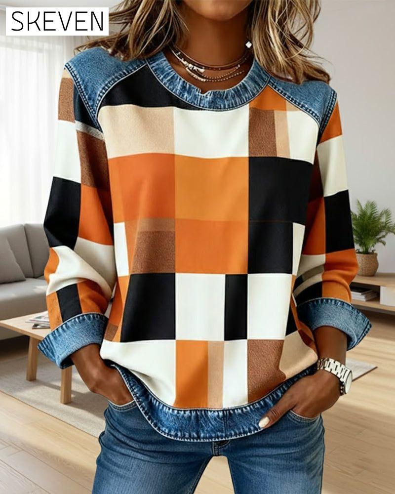 Plaid Patchwork Contrast Color Sweatshirt