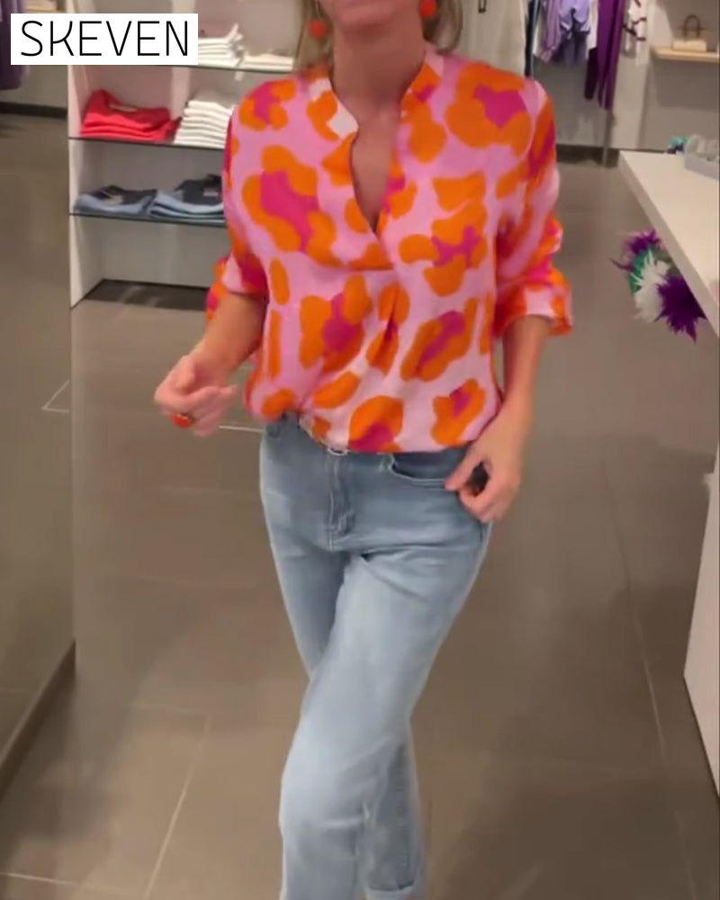 Printed V-neck lantern sleeve casual top