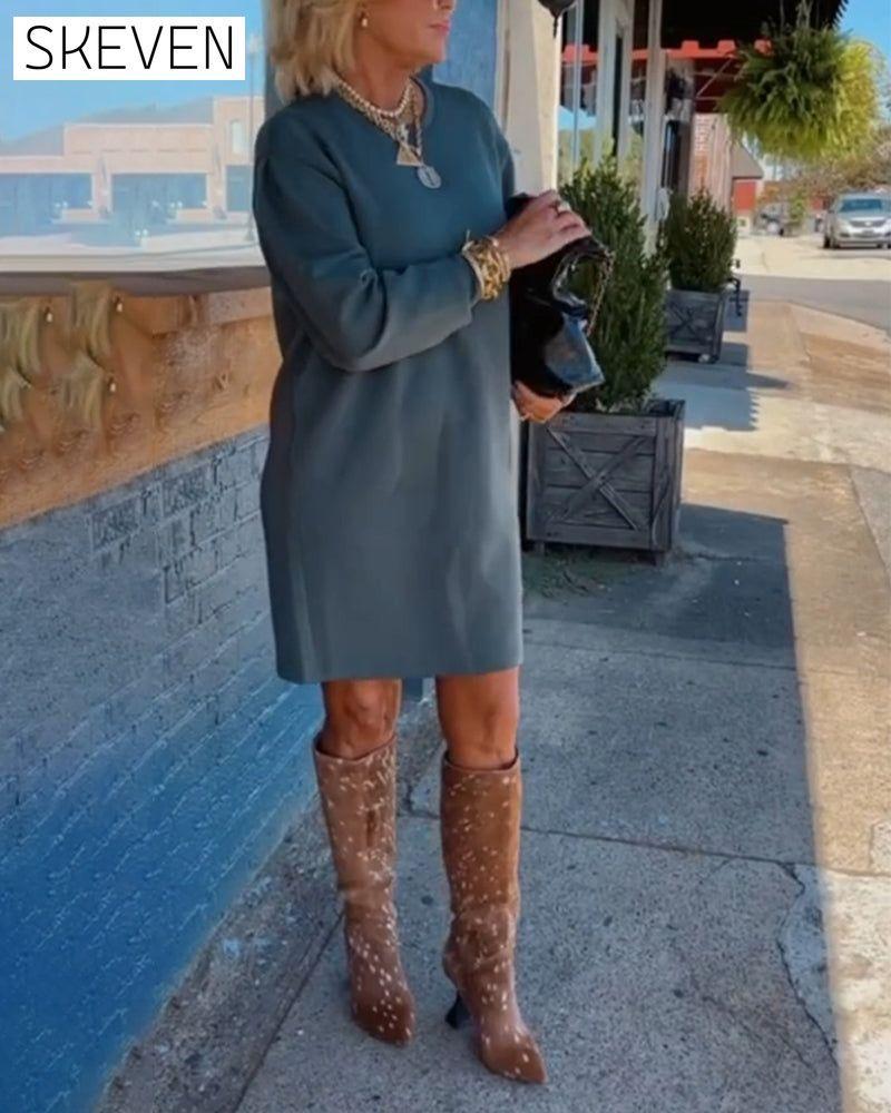 Round neck solid color elegant dress