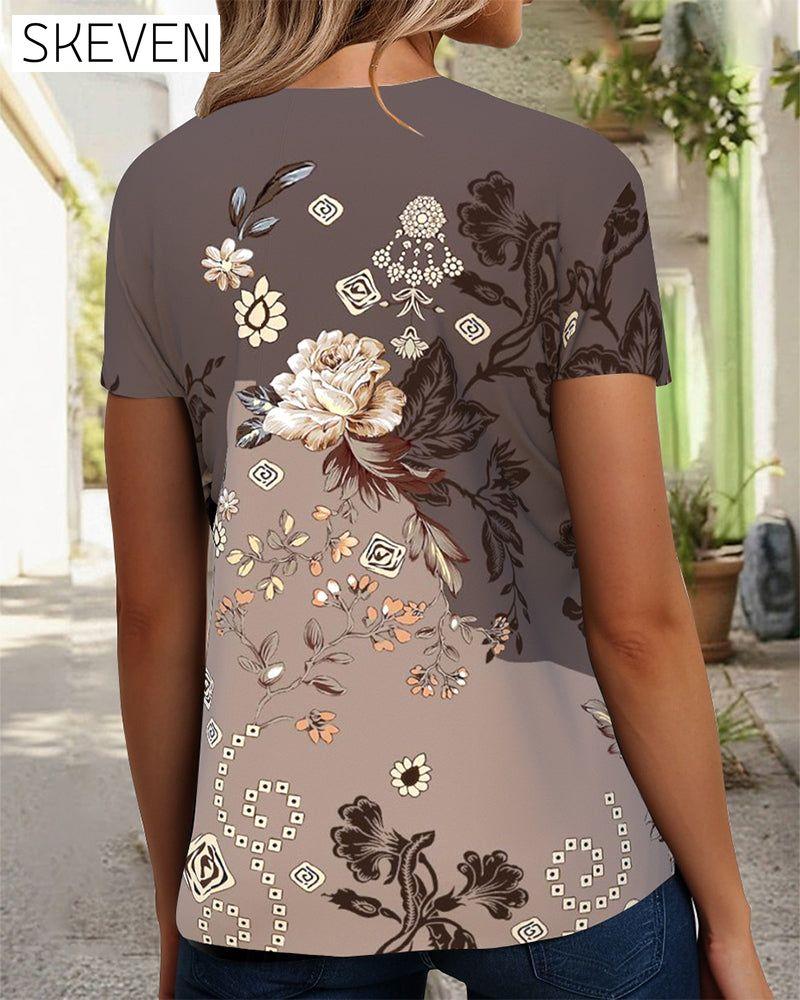 T-shirt à manches courtes et col en V à imprimé floral