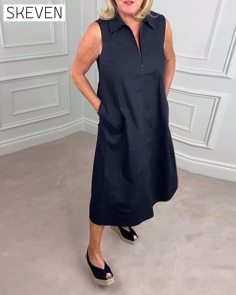 Solid color sleeveless lapel casual dress