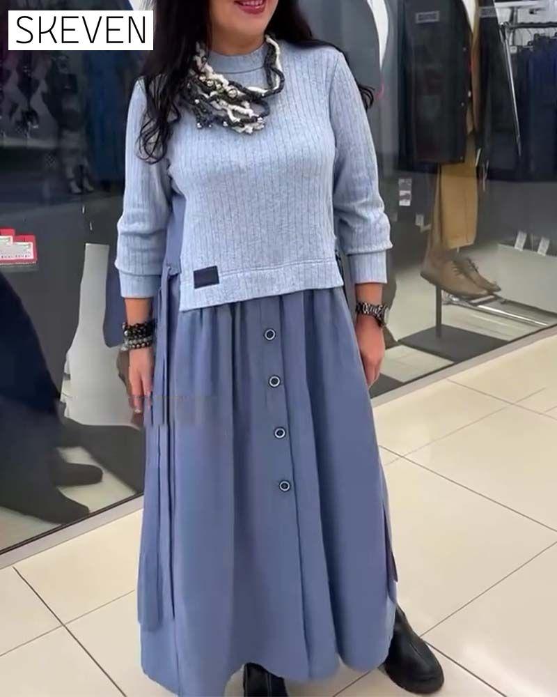 Casual Color-Blocked Round Neck Dress