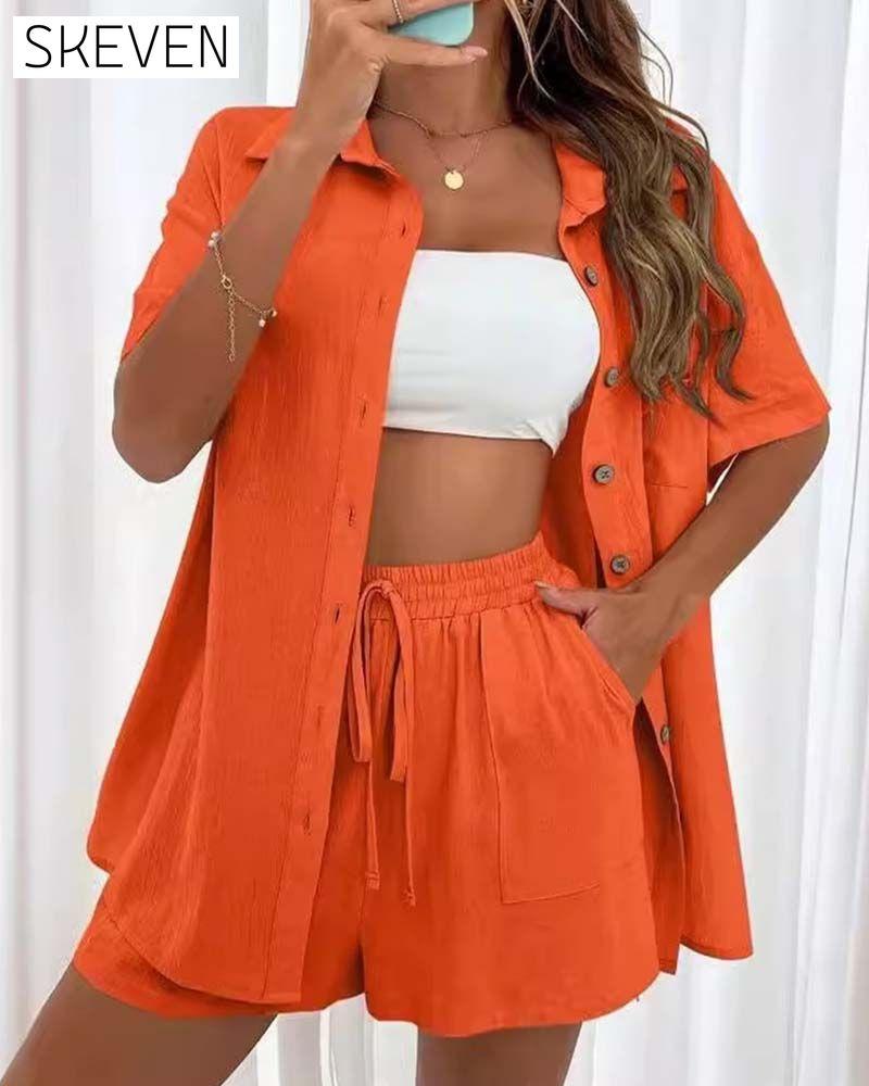 Lässiges einfarbiges Hemd- und Shorts-Set