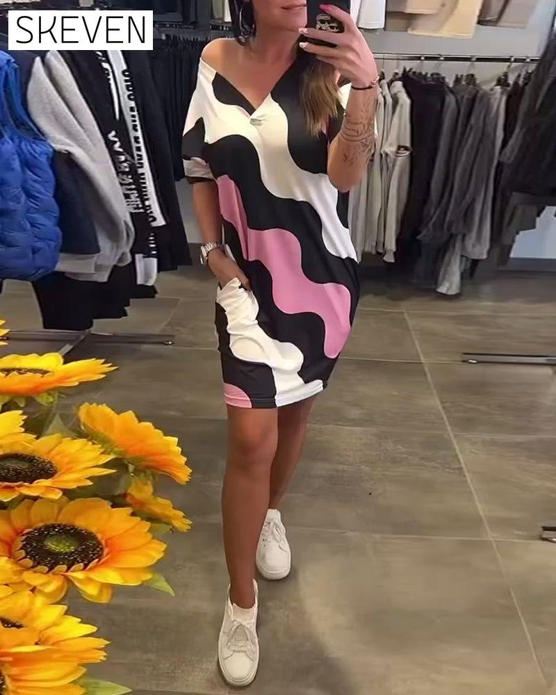 V-Neck Wave Print Dress