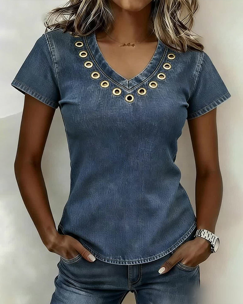 Hollow-Out V-Neck Short-Sleeved Top