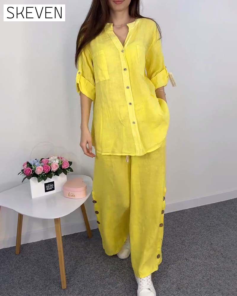 Solid color button pocket lace blouse wide leg pants set