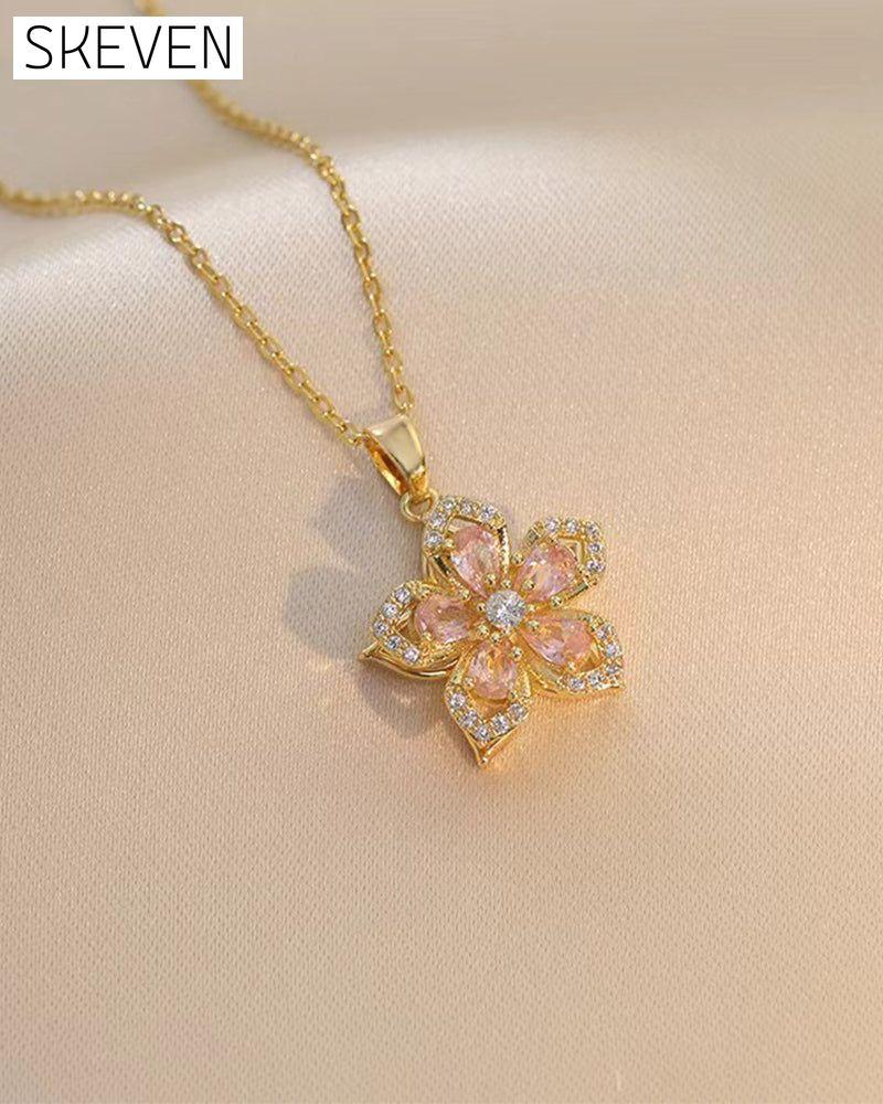 Five-petal flower 360° rotating pendant necklace