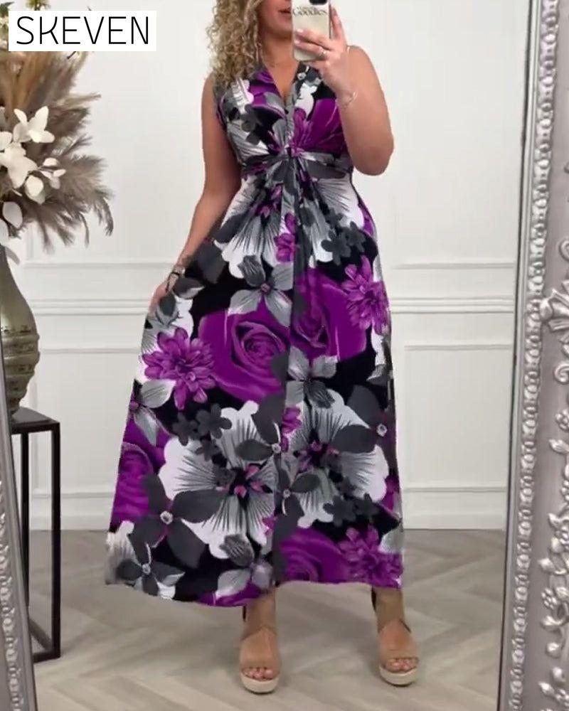 Elegantes, ärmelloses, plissiertes Kleid mit Blumenmuster