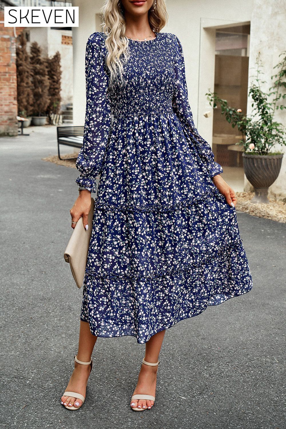 Smocked Flounce Sleeve Midi Dress clothes DY Ship From Overseas trendsi