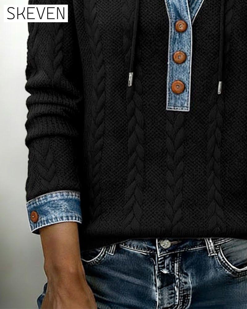 Color-Blocked Button Long-Sleeved Hooded