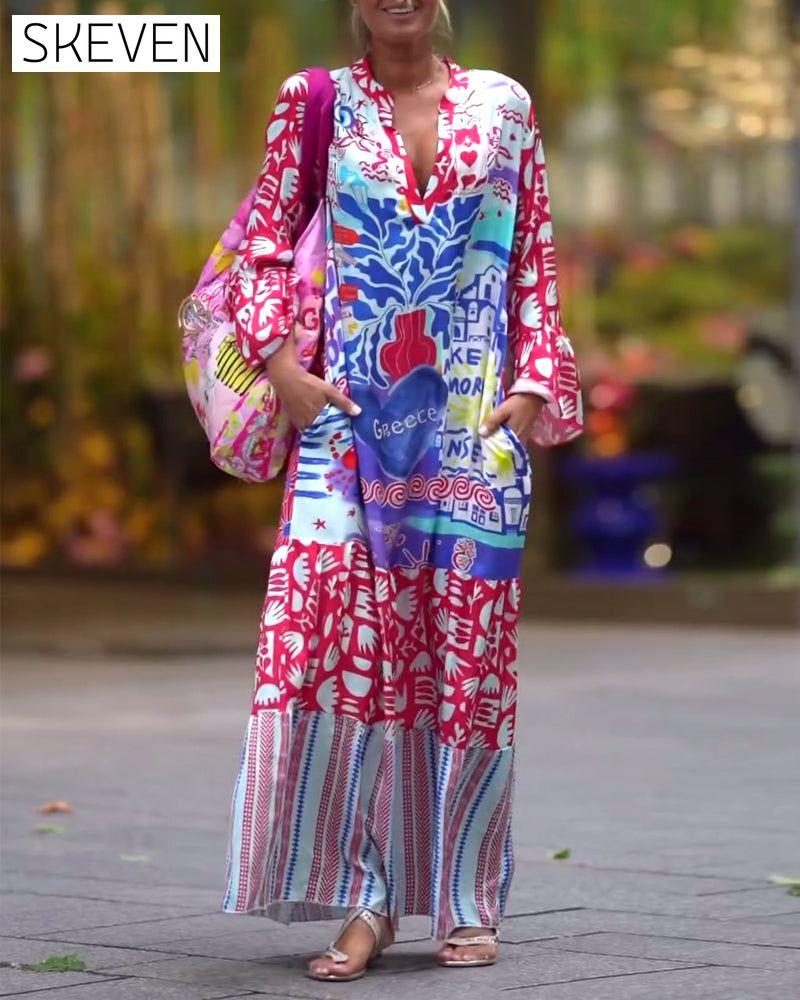 Spliced printed deep v pocket casual long dress 202466 casual dresses spring summer