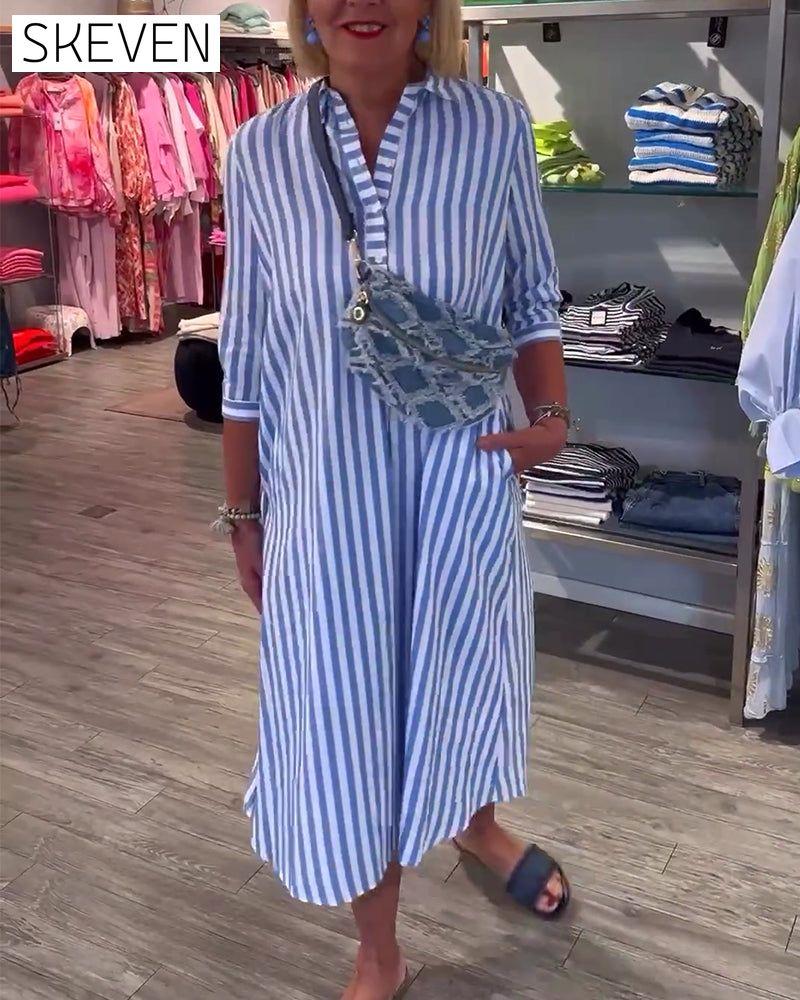Stripe print lapel button dress