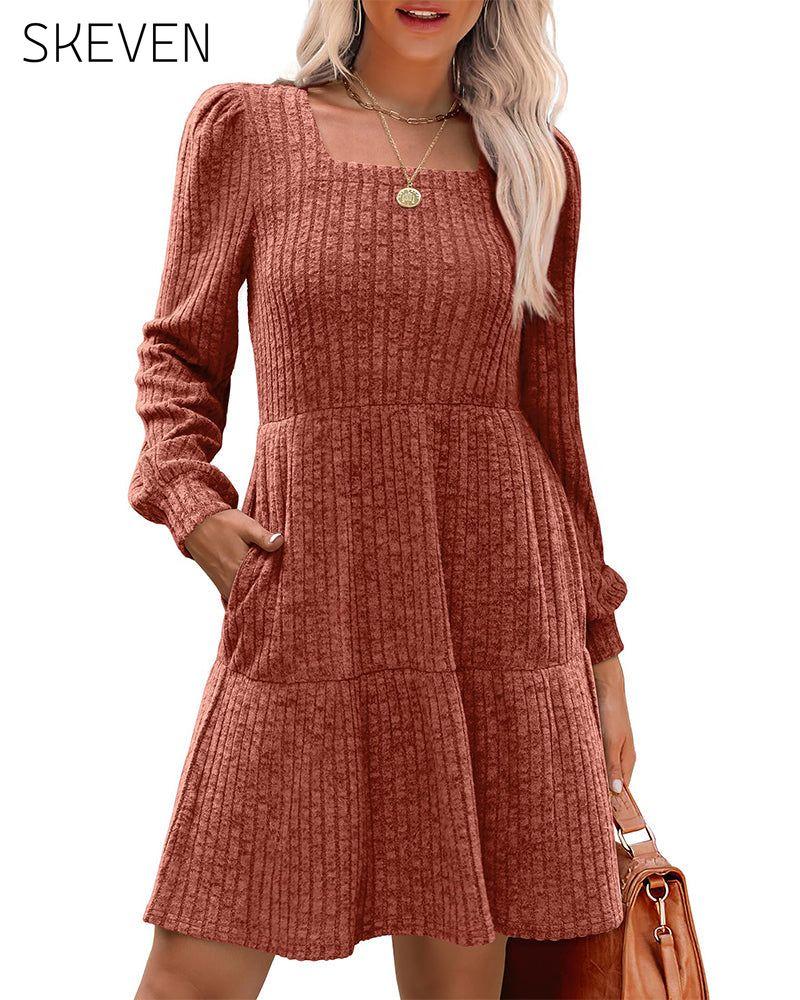 🍂2025 Autumn New Style⏰Women's Square Neck Lantern Sleeve Ribbed Dress