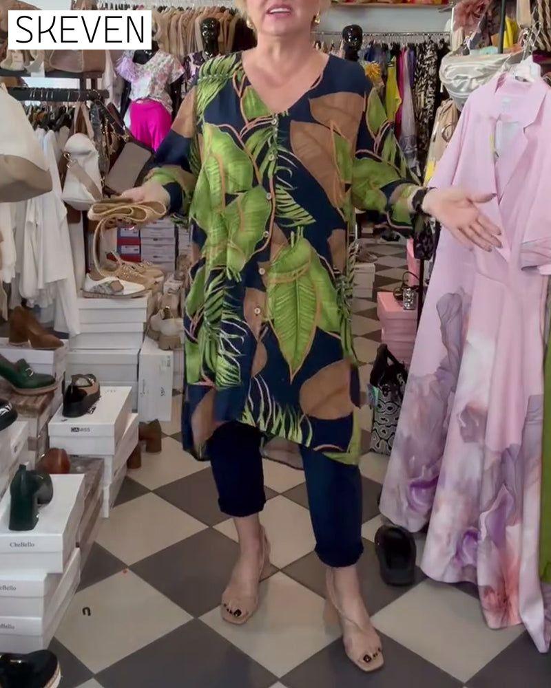 Robe ample à col en V et imprimé feuilles