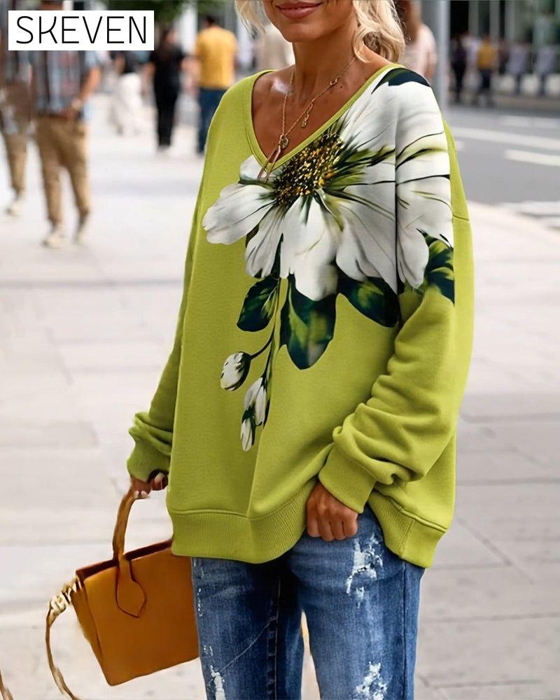 Bedrucktes Sweatshirt mit V-Ausschnitt und lockerer Passform