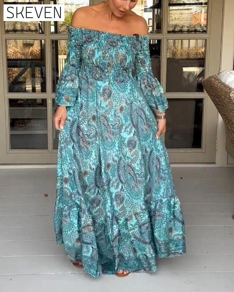 Elegant printed one-shoulder flare sleeve long dress