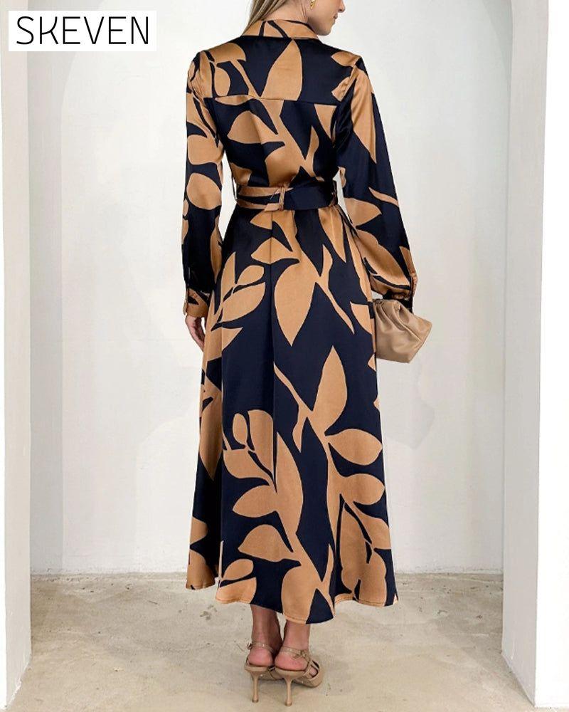 Elegant leaf print long sleeve lapel dress
