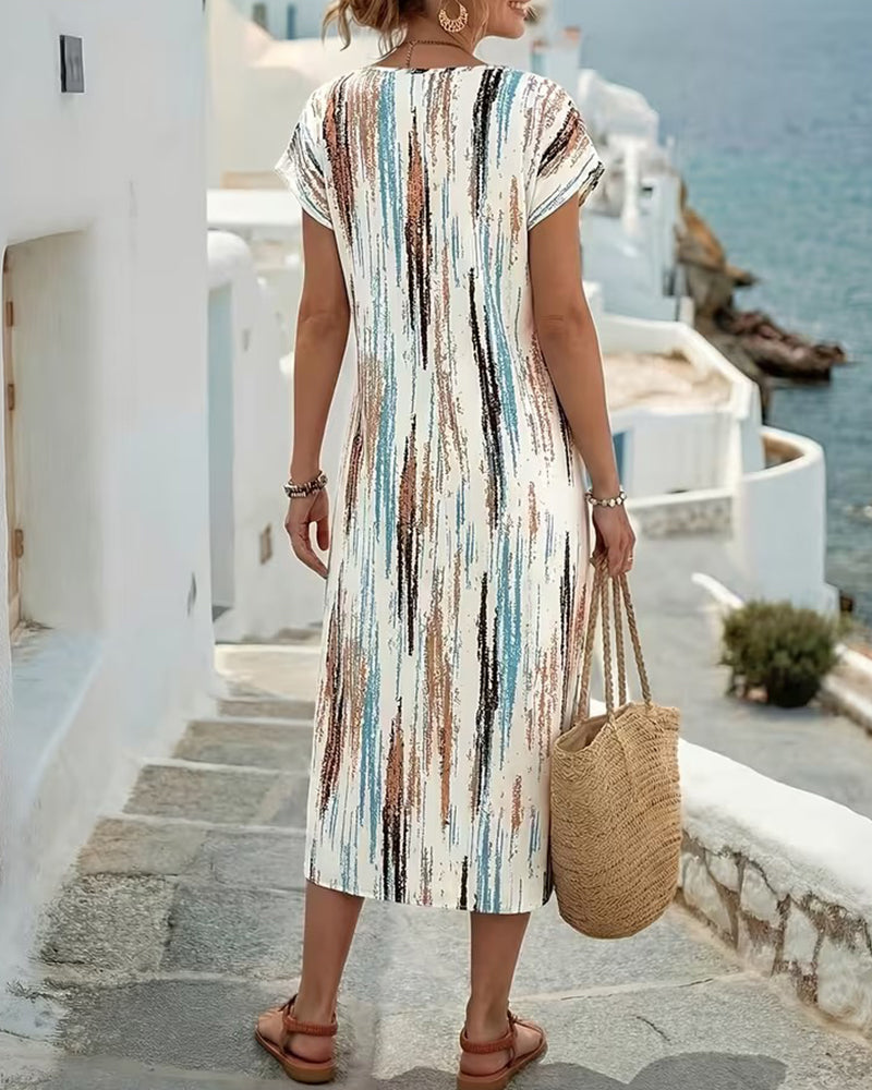 Crew Neck Vertical Stripe Print Dress