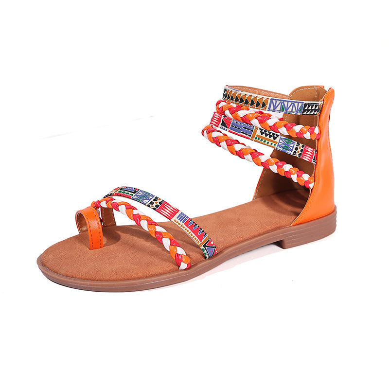 Flat Sandals Colorful Weave Strapped Shoes With Back Zipper Women's Shoes