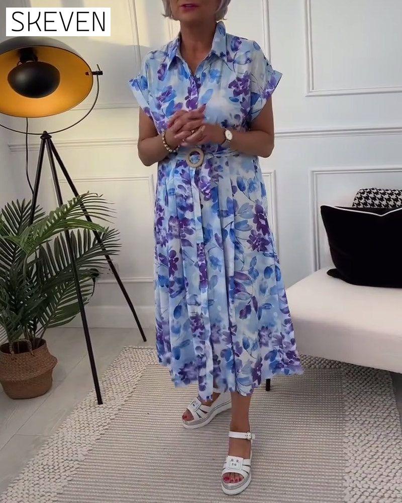 Elegant floral print lapel waist pleated dress 202466 casual dresses summer