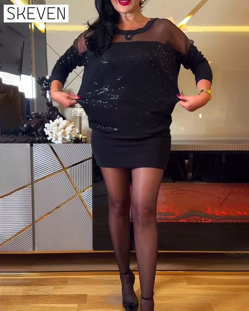 Fashionable Round Neck Sequined Stitching Temperament Top