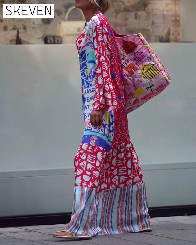 Spliced printed deep v pocket casual long dress 202466 casual dresses spring summer
