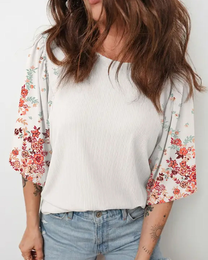 Round Neck Floral Flared Sleeve T-Shirt
