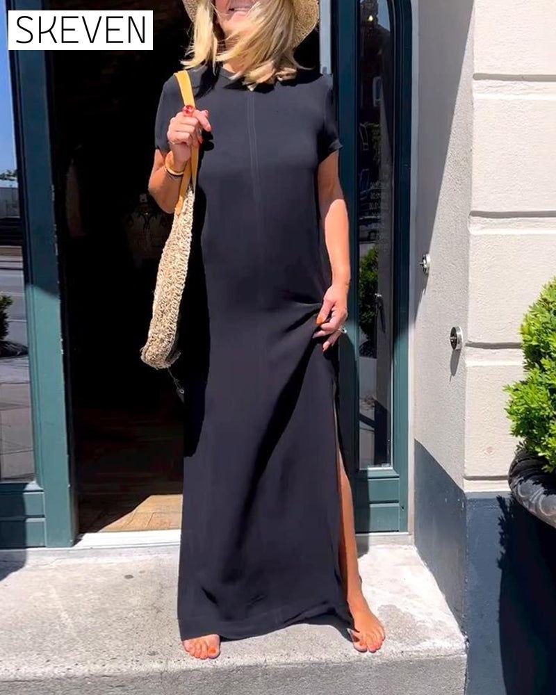 Solid color short sleeve elegant dress casual dresses summer