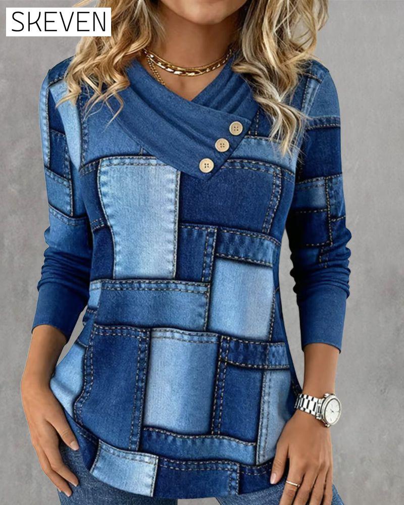 Langarmshirt mit V-Ausschnitt und kontrastierender Farbe