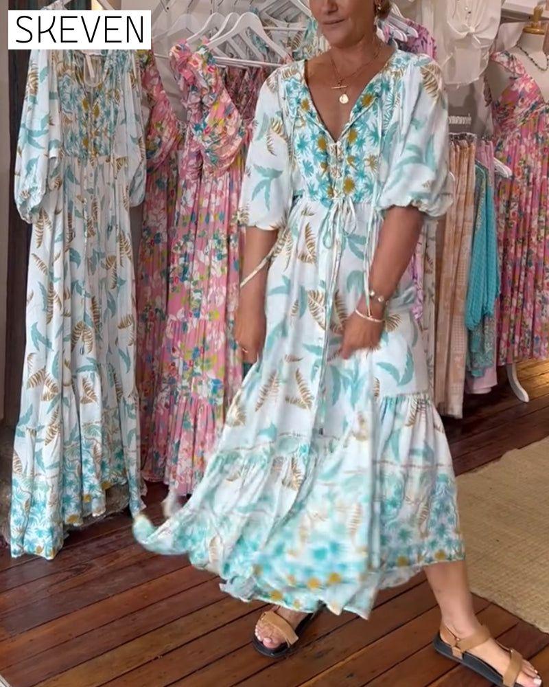 Maxikleid mit V-Ausschnitt und Blätterprint für Damen