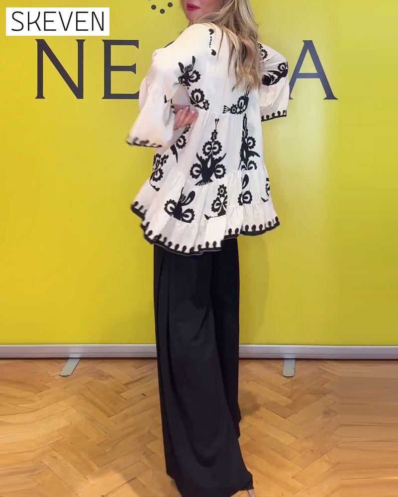 Printed V-neck buttoned elegant blouse blouses & shirts spring summer