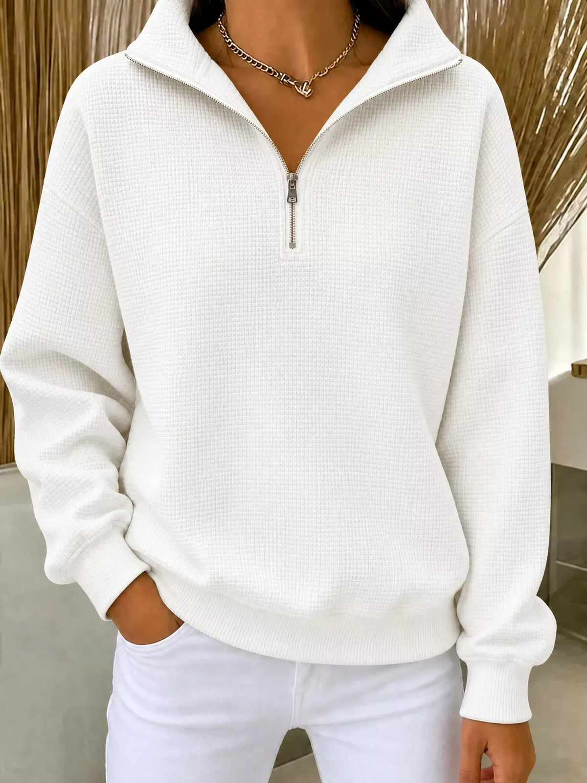 Full Size Waffle Knit Quarter-Zip Sweatshirt Plus Size