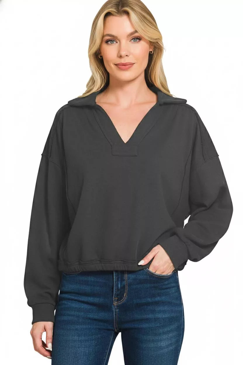 Zenana Sweatshirt aus French Terry mit Kragen und sichtbaren Nähten