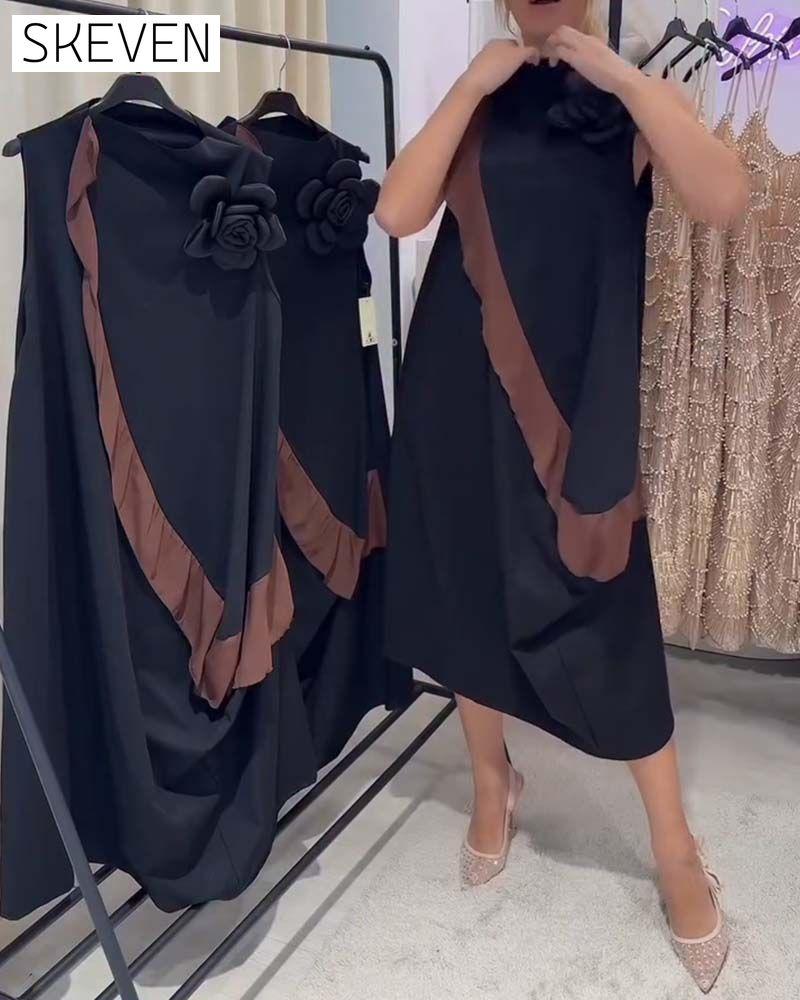Ärmelloses Kleid mit 3D-Blütenblatt-Rüschen und Farbblock-Design