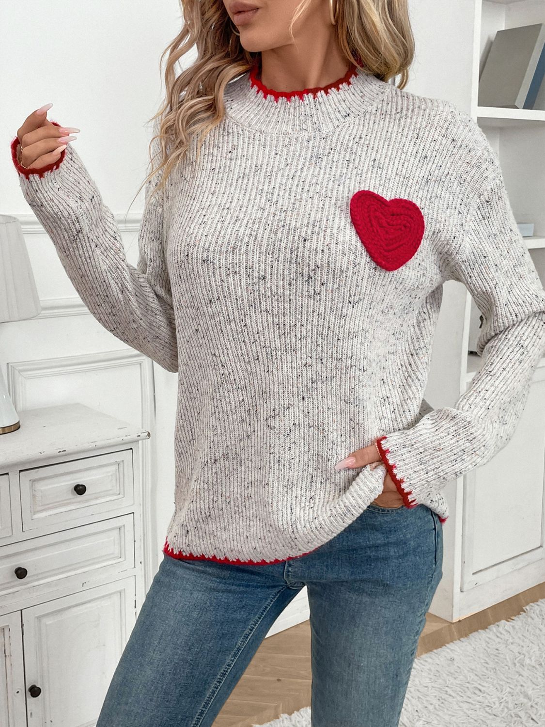 Blue Zone Planet |  Perfee Contrast Heart Round Neck Long Sleeve Sweater