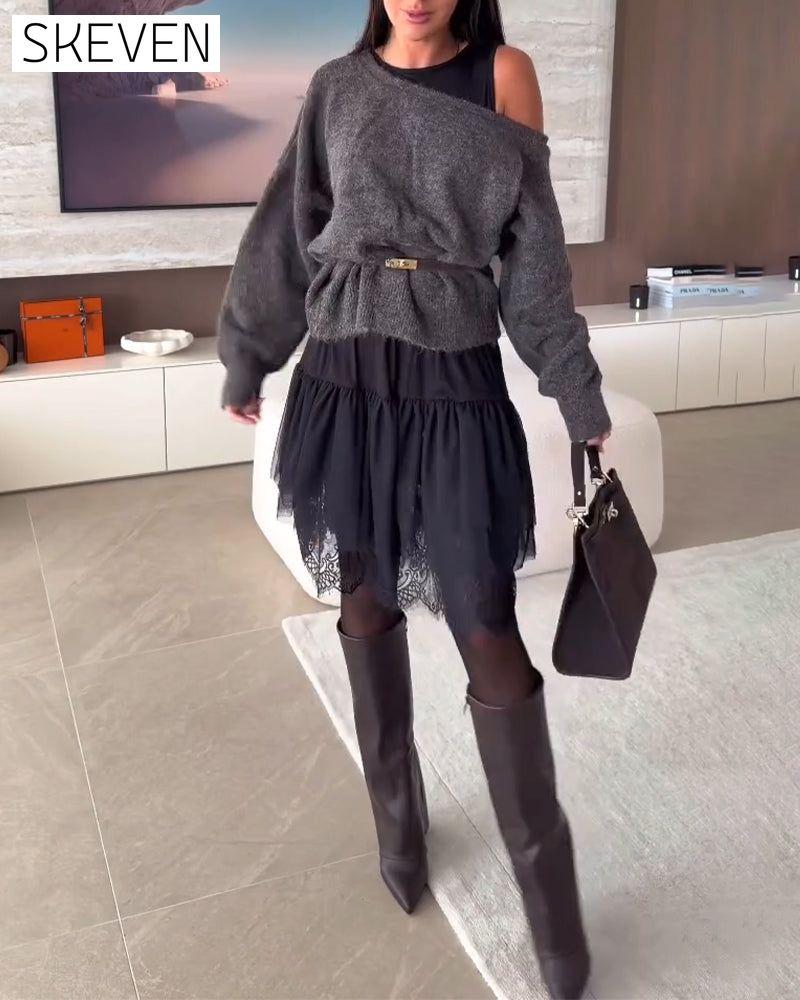 Robe pull ample à épaules dénudées et ourlet en dentelle