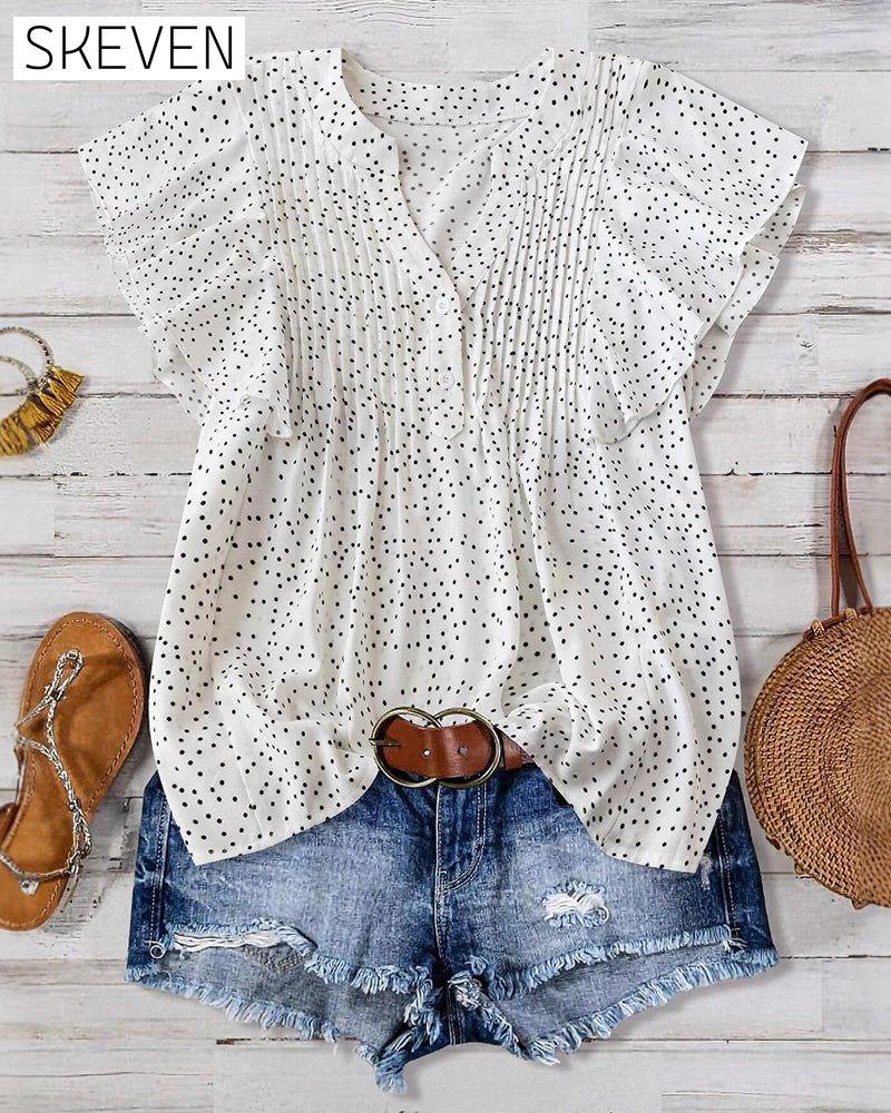Bluse mit Rüschenärmeln, V-Ausschnitt und Polka-Dots