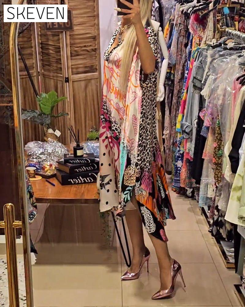Casual leopard and colorful print deep V dress casual dresses spring summer