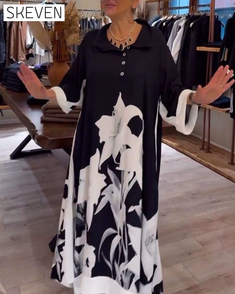 Lapel Printed Oversized Maxi Dress