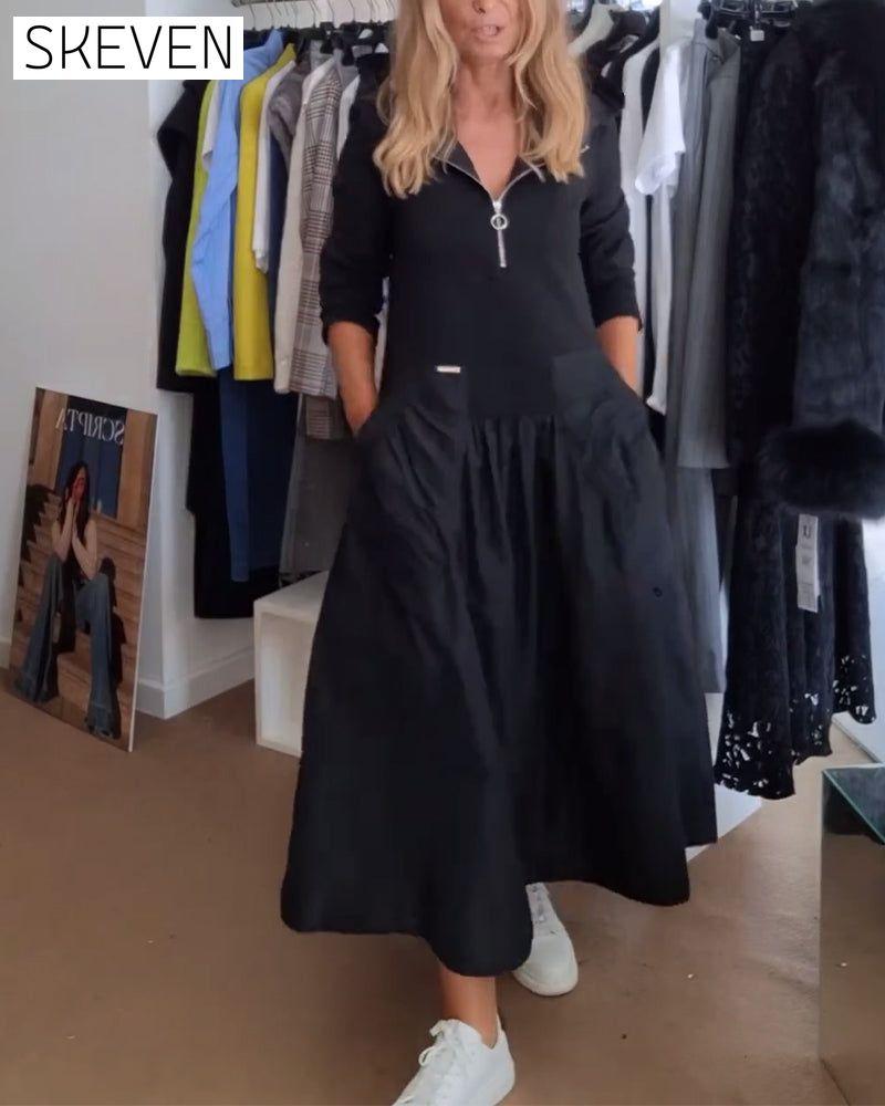 Robe décontractée à capuche zippée et poches patchwork